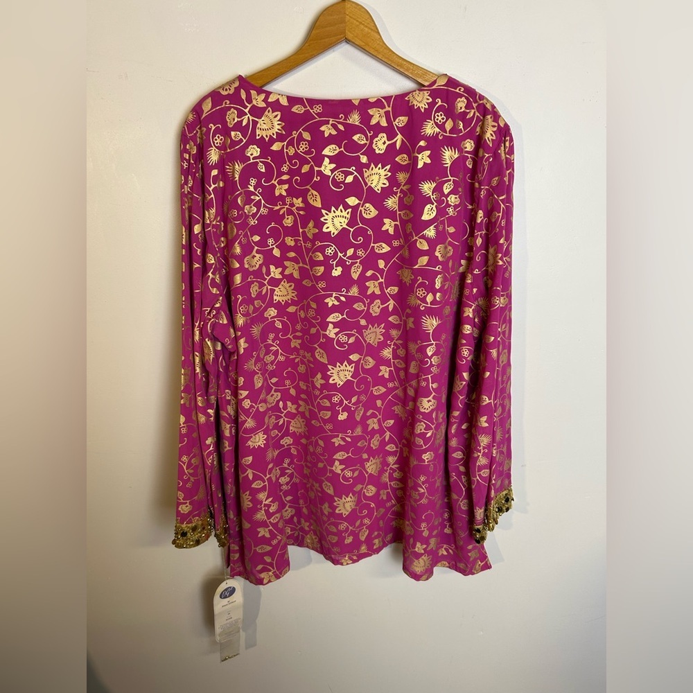 NWT VTG Diane Gilman Fuchsia and Gold Floral Tunic Beaded Blouse Size 2X Floral - Picture 2 of 16
